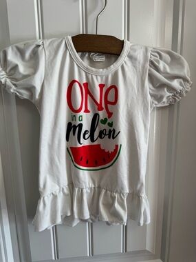 White "One in a Melon" Girls' Ruffle Hem Tee With Watermelon Shorties